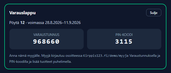 Varauslappu: varaustunnus ja PIN-koodi myyjälle