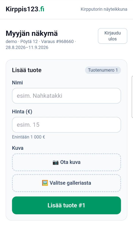 Myyjän näkymä: tuotteen nimi, hinta ja kuva puhelimella